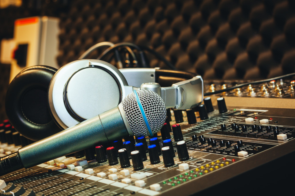 headphones and mic at a recording studio