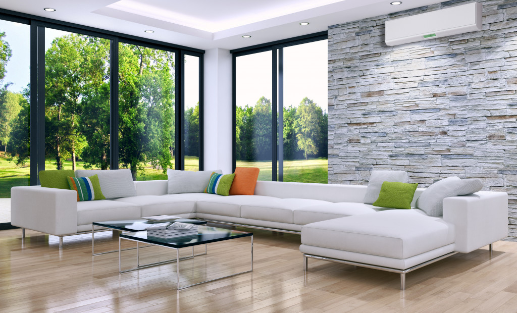 Luxury living room furniture with natural light coming through windows